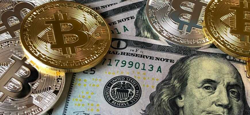 A close-up photo depicting Bitcoin coins on top of US dollar bills, symbolizing finance and cryptocurrency.