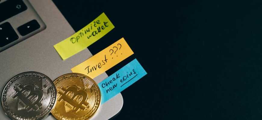 Capture the essence of cryptocurrency investments with Bitcoin coins and sticky note reminders.