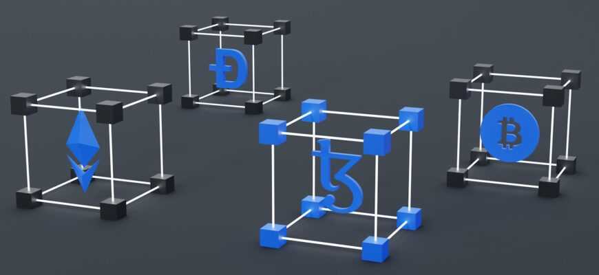 a set of three blue and white cubes with a bitcoin symbol