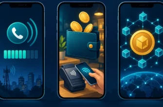 Trois smartphones illustrant le crédit téléphonique, le mobile money et les stablecoins comme des usages distincts.