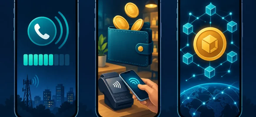 Trois smartphones illustrant le crédit téléphonique, le mobile money et les stablecoins comme des usages distincts.