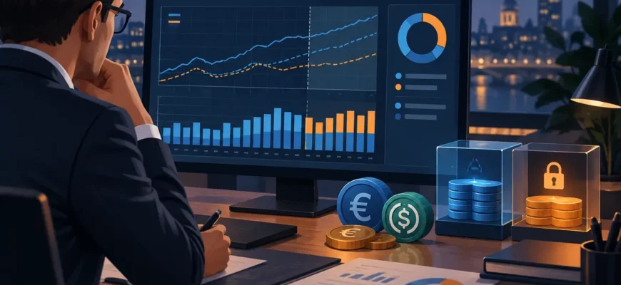 Illustration d’un suivi de trésorerie confrontant euros disponibles, stablecoins et scénarios de crise.
